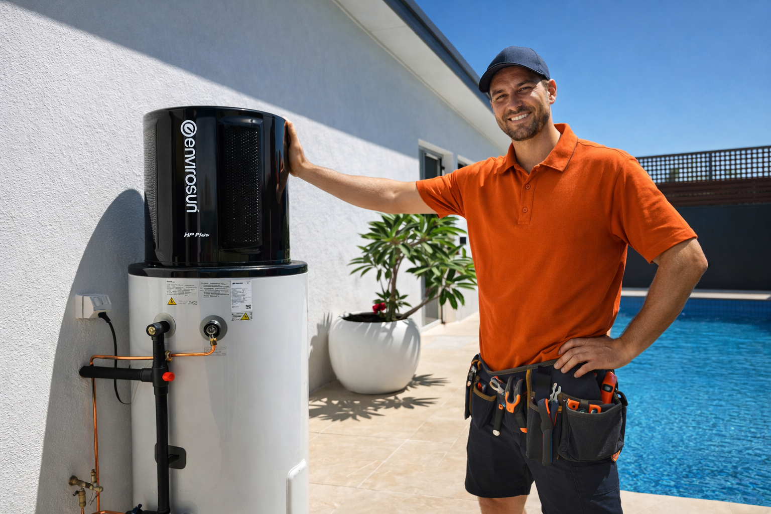Plumber installing an Envirosun heat pump system